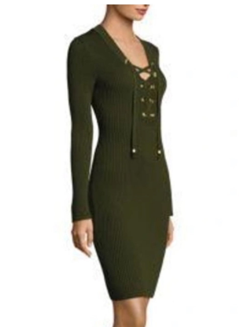 🆕 MICHAEL Michael Kors Olive Green Ribbed Lace-Up V-Neck Long Sleeve Dress